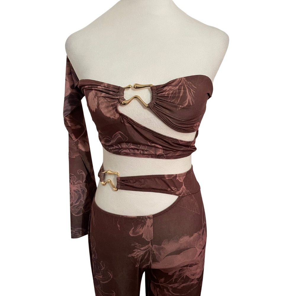 🎀 PLT Chocolate Floral Slinky One Sleeve Crop Top & Pants Set Size 6 - Picture 6 of 15
